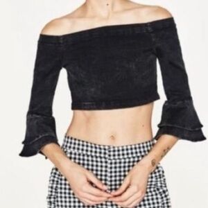 Zara Black Denim Off Shoulder Crop Top Size S